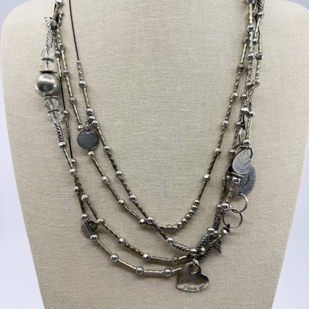 Y2K Multi-Strand Statement Necklace "I Love You" Heart Charm Boho Silver-Tone